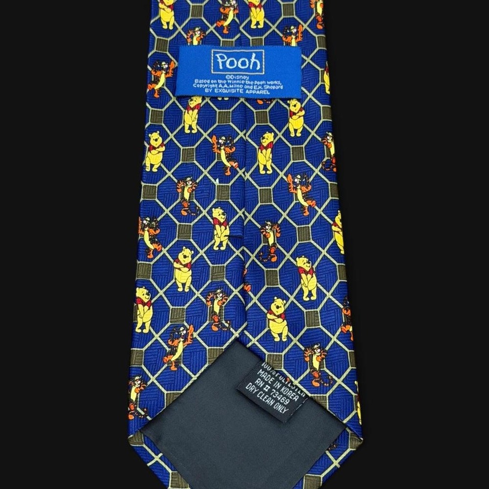 Vintage Disney Winnie the Pooh & Tigger Blue Silk Tie Geometric Grid Necktie